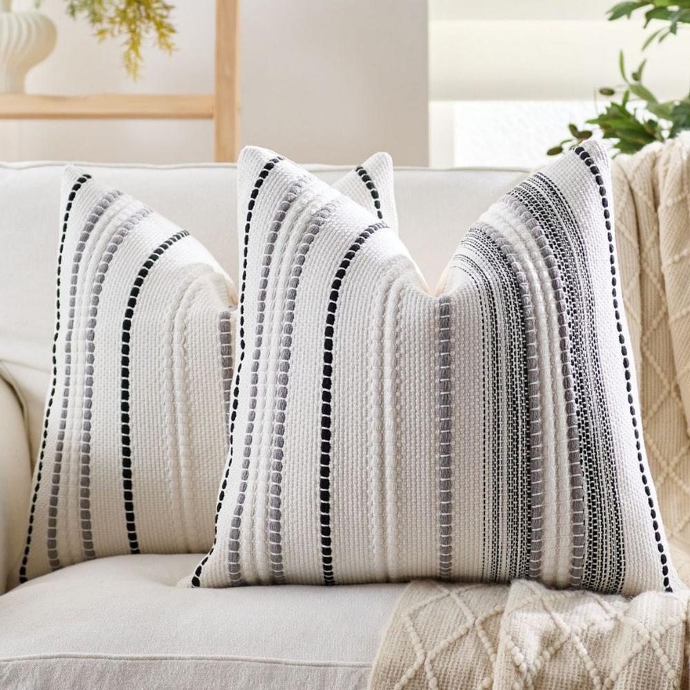 Boho Throw Pillow Covers Farmhouse Striped Square Cushion Cover Chenille Tufted Pillowcases for Home Living Room Couch Decor