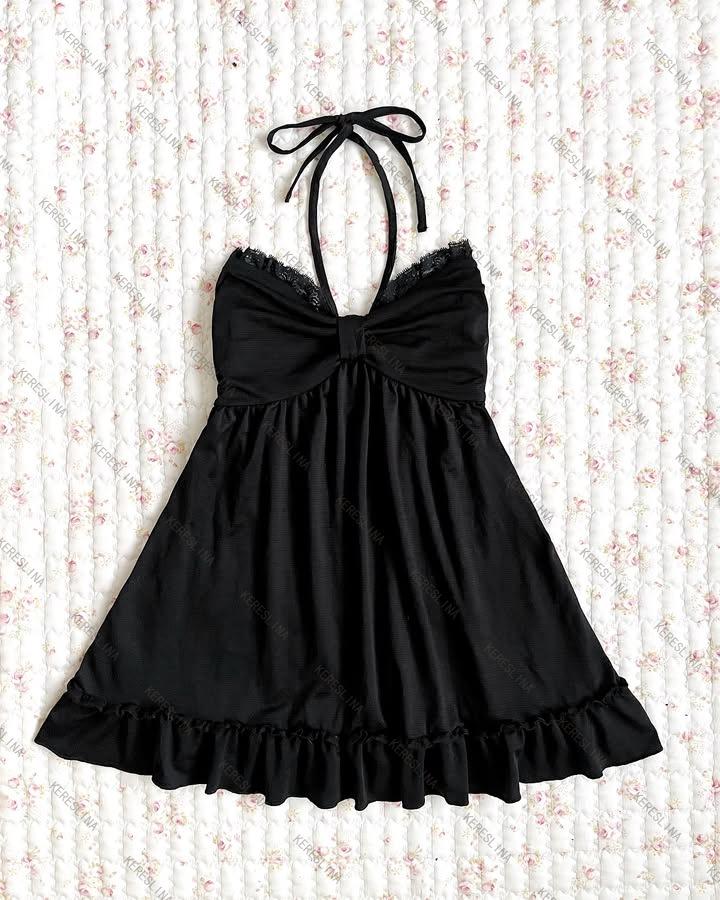 

Весенне-летнее платье-халтер с кружевной отделкой - Французский стиль Medium чёрный