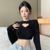 Women's Knitted Plush Long Sleeve Round Neck T-Shirt  Heart-Shaped Hollow Out Solid Color Versatile Cropped Top