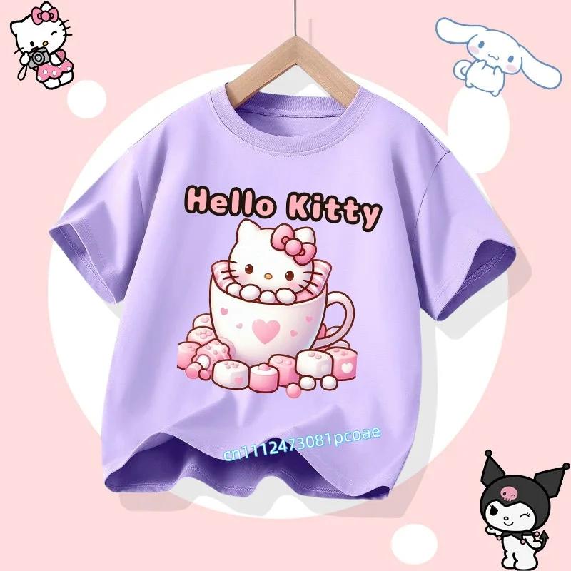 2026 Hello Kitty Summer Tshirt  Cotton ShortSleeved Girls Sportswear with Cartoon Print for Children Aged 112 Years Old