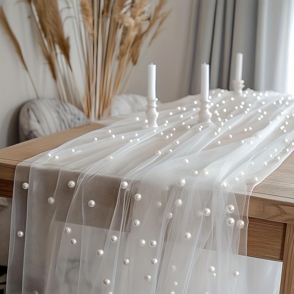 Pearl Tulle Table Runner, Wedding Arch Sheer Drapes for Baby Shower Birthday Party Backdrop Wedding Headscarf, DIY Design Decor