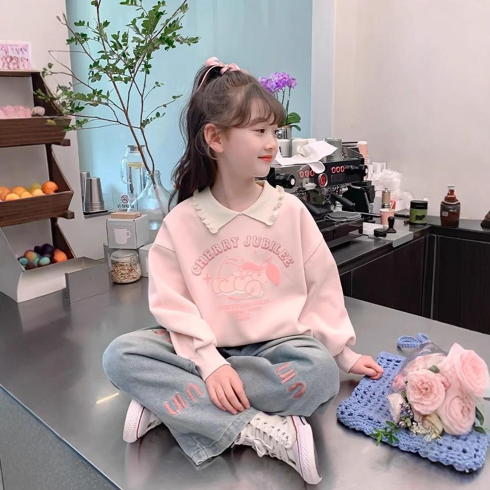 Girls Spring Autumn Long Sleeve Sweatshirt Cute Peter Pan Collar Polo Top Fashionable Kids Casual Shirt