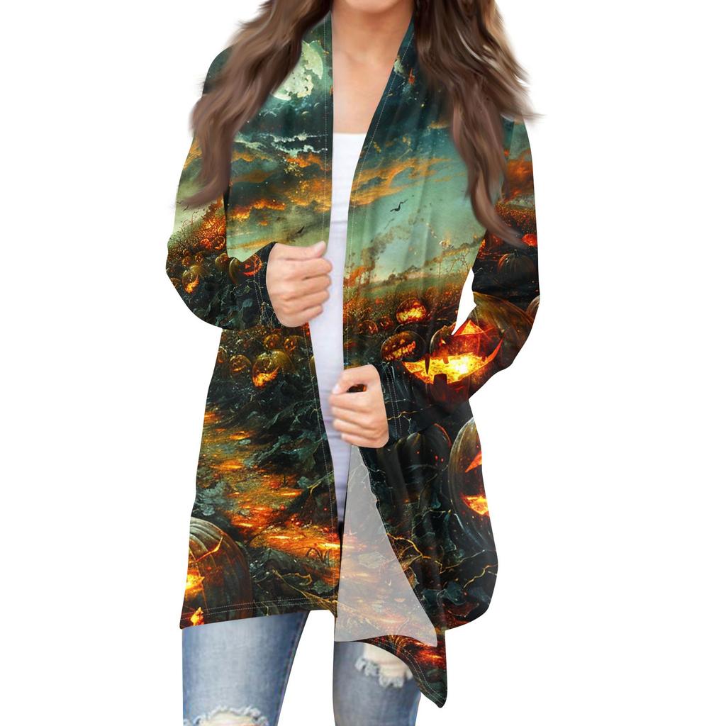 Women's Fashion Casual Halloween Printed Medium Length Cardigan Jacket Coat