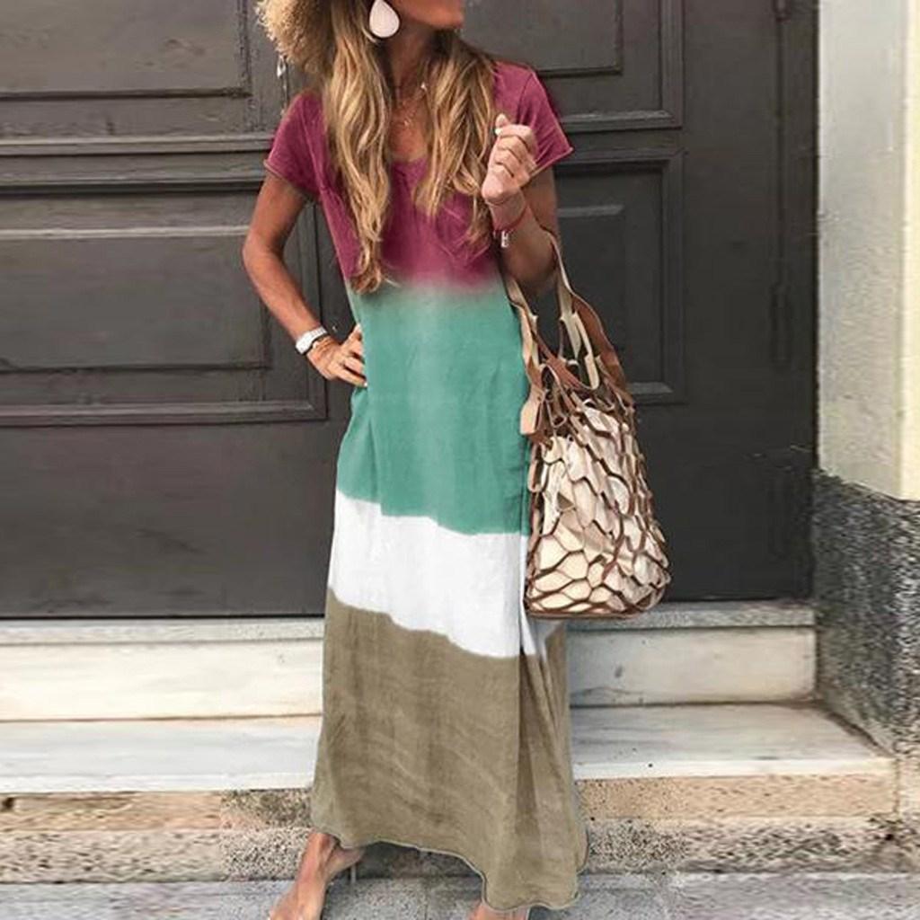 

Bohemian V-Neck Gradient Color Block Loose Slimming Short Sleeve Dress Women s Cotton Sweet Style Midi Dress Summer 2020 1XL