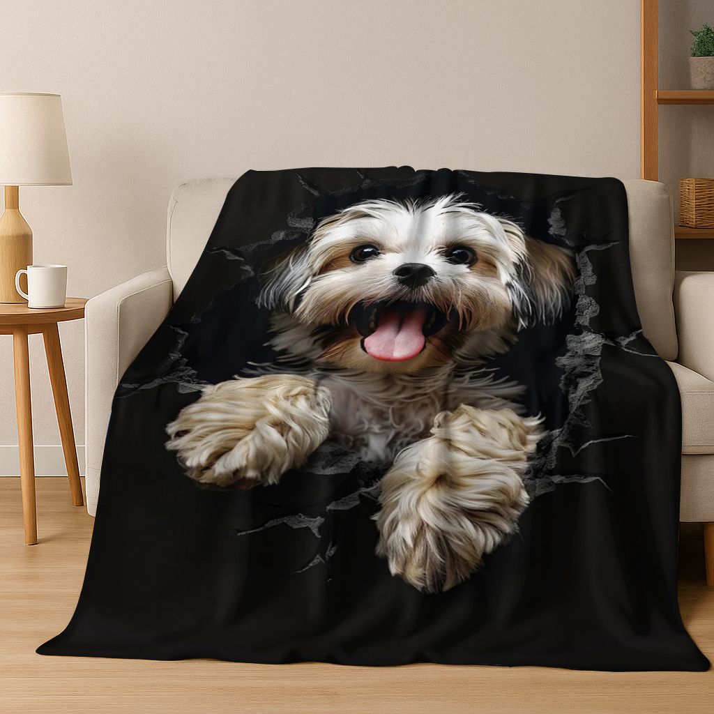 3D Illusion durchbrechende Wand Hund Welpe Niedliche Flanelldecke, Gemütliche Weiche Überwurfdecke für Zuhause Schlafzimmer Bett Sofa Picknick Abdeckung Geschenk Kind