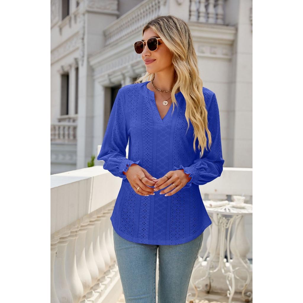 Solid Color Hollow Out Shirred Ruffle Sleeve V Neck Loose Long Sleeve Top for Women European American Crossborder Fashion