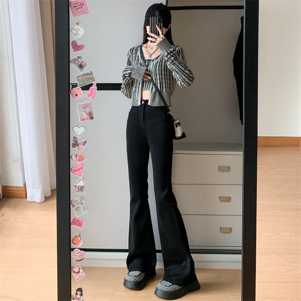 

Autumn and winter new retro versatile fashion micro-pull pants, small people look tall and thin, high-waisted denim trousers S чёрный