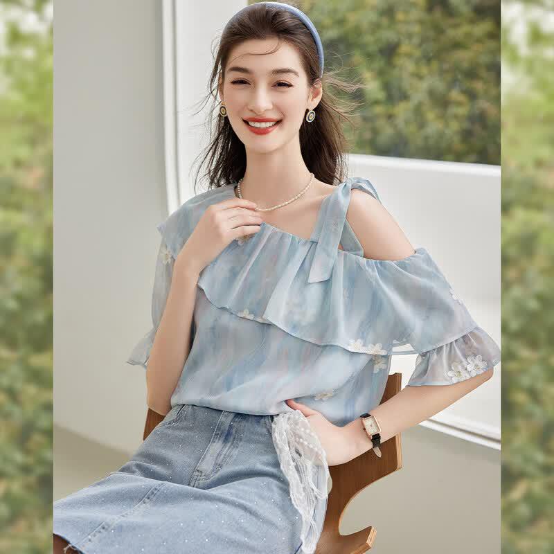 Elegant Ruffle Off-Shoulder Embroidered Blouse S
