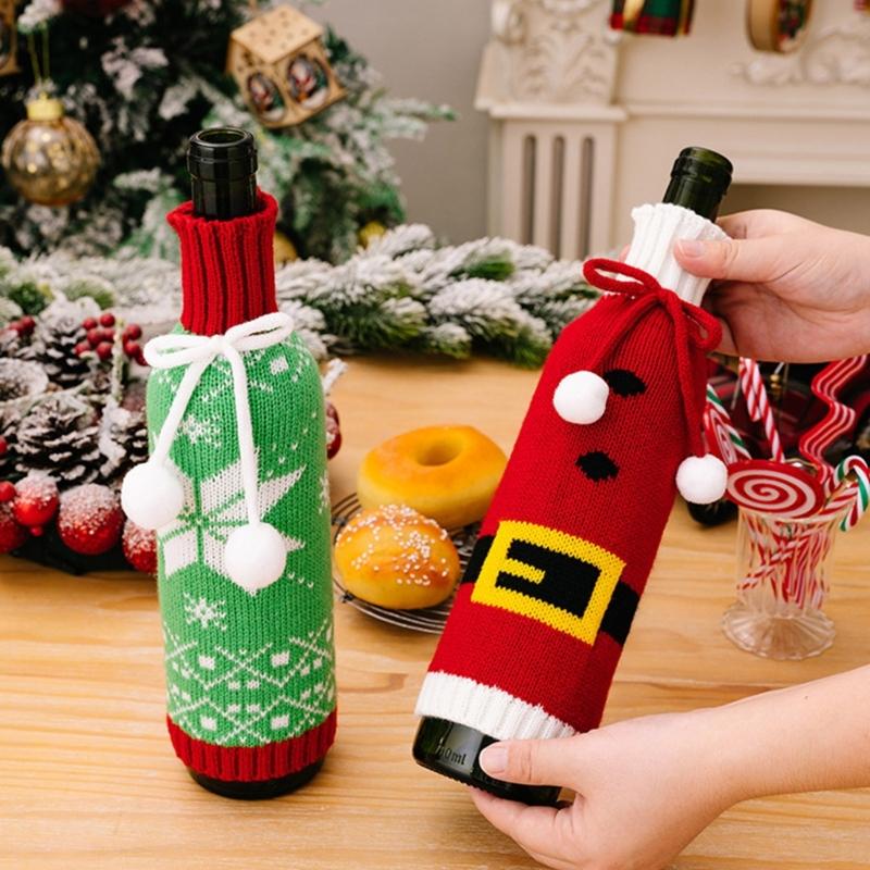 3Piece Festival Snowflake Knits Wine Bottle Sleeves Wine Bottle Cover For Christmas Celebration Festival Wine Dress
