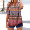 Women's loose printed stand collar short-sleeved cotton and linen top