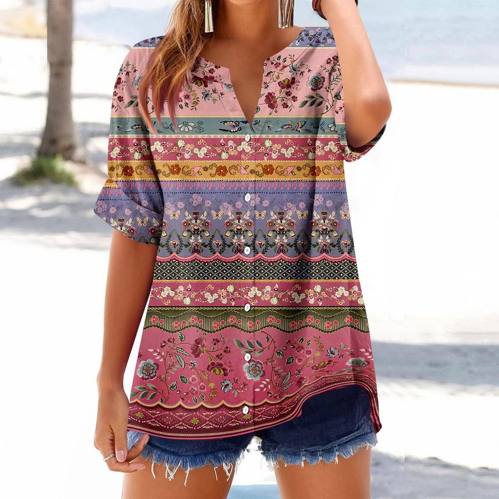 Women's loose printed stand collar short-sleeved cotton and linen top