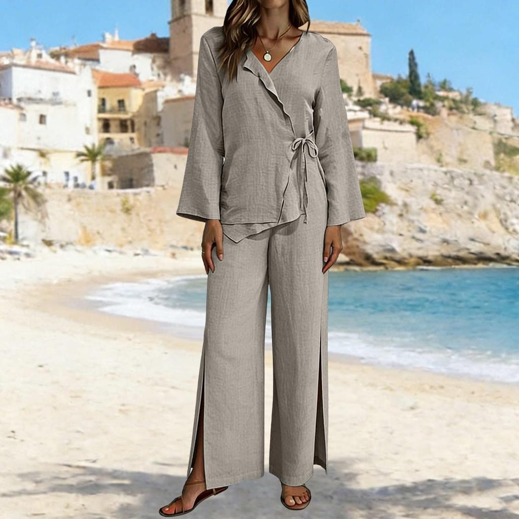 Women's Casual V-neck Long Sleeved Shirt Long Pants Two-piece Set