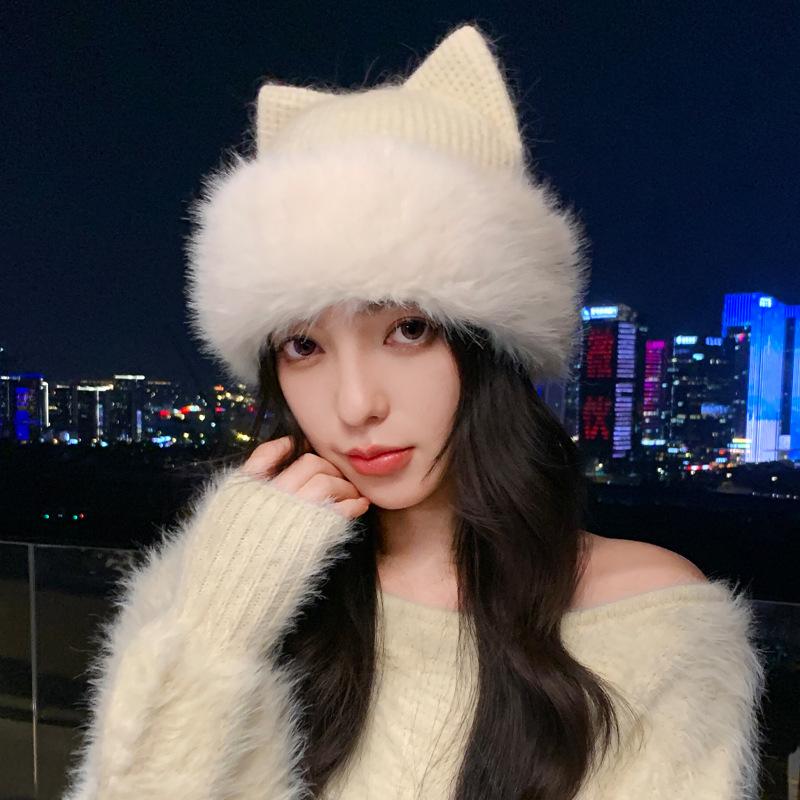 Korean Style Cute Cat Ears Plush Knit Hat Autumn Winter Warm Casual Beanie