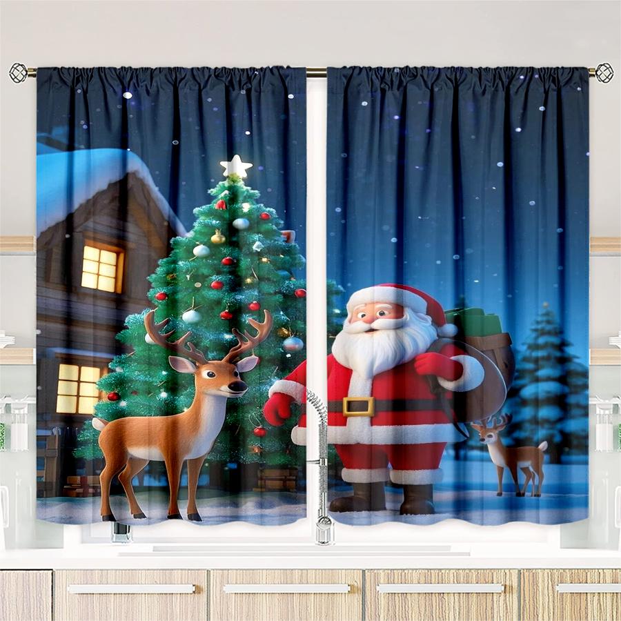 Set Of 2 Christmas Santa Claus Tree Pattern Printed Curtains Decorations Home Room Curtain Polyester