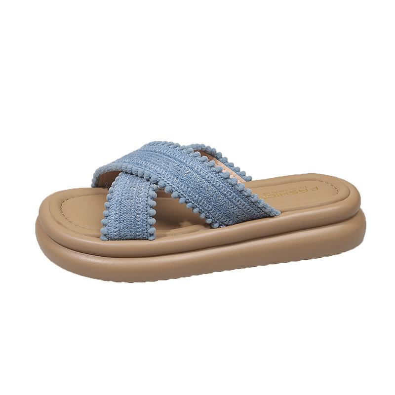 

Thick-bottomed cloth cross-strapped cool slippers for women to wear 2025 summer Korean version of the new open-toed beach one-word drag for women 40 синій
