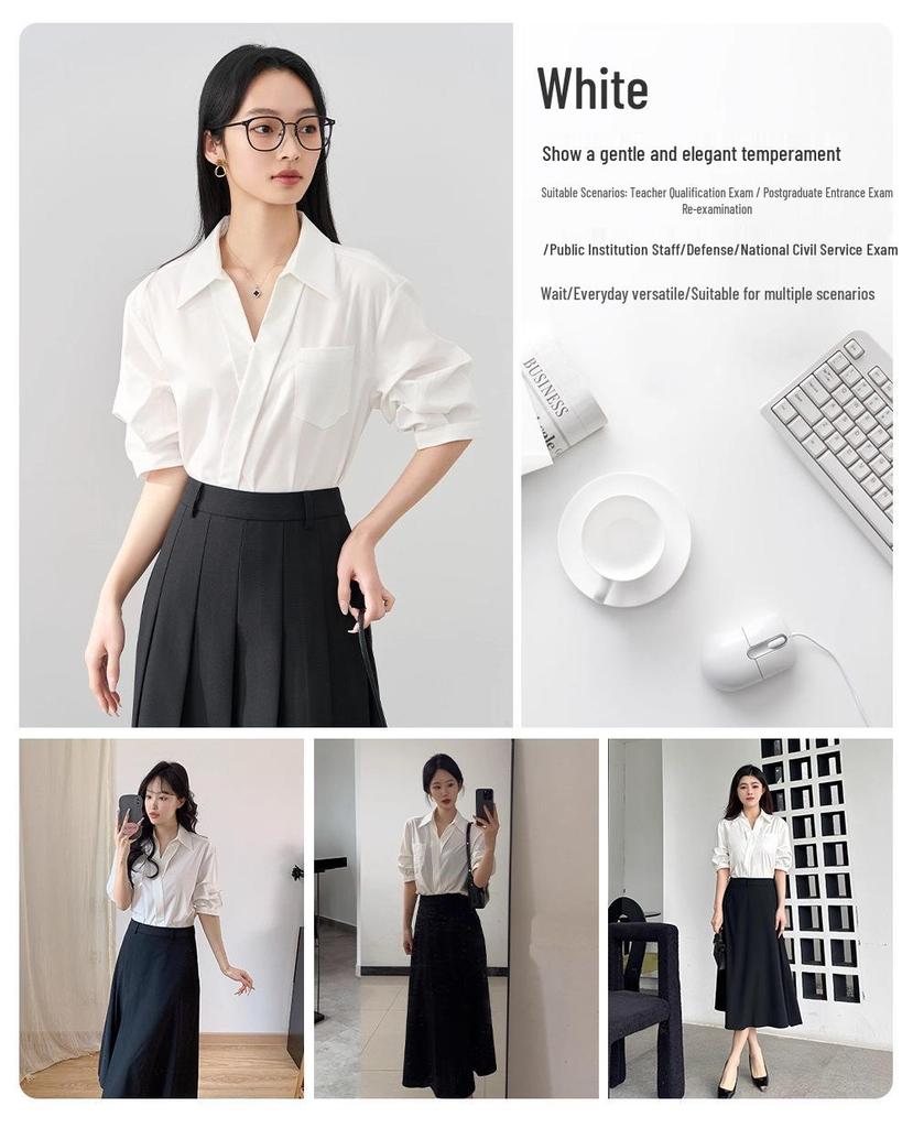 Women's Elegant V-Neck Lapel White Short-Sleeve Shirt, Chic Summer Style, Unique Design