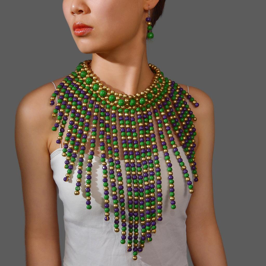 Afrikanisches Schmuckset Bohemian Retro Ethno Handgefertigt Holz Gewebt Perlen Statement Halskette und Ohrringe Damen Party Zubehör