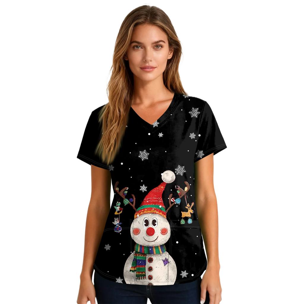 Ladies' Fashionable V-neck Pocket Short Sleeved Christmas Tree Printed Caregiver Uniform