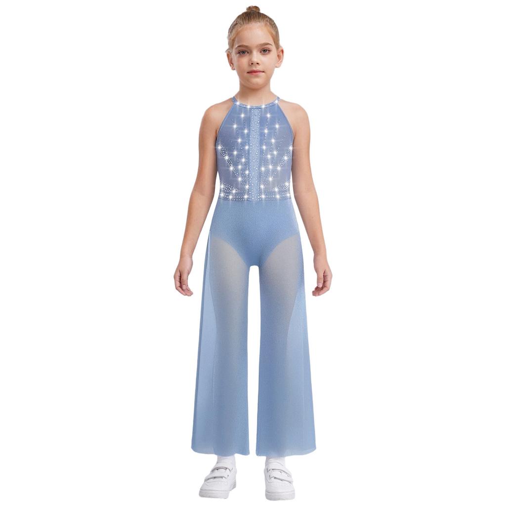 Girls Rhinestone Dance Bodysuit - Shimmery Sleeveless Jumpsuit with Keyhole Back & Side Splits, Built-in Briefs for Performances