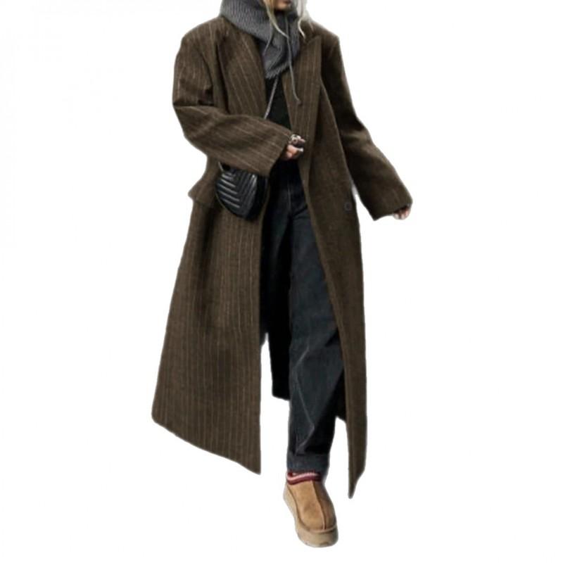 Womens Oversized Long Wool Blend Coat Winter Striped Loose Fit Trench Style Outerwear