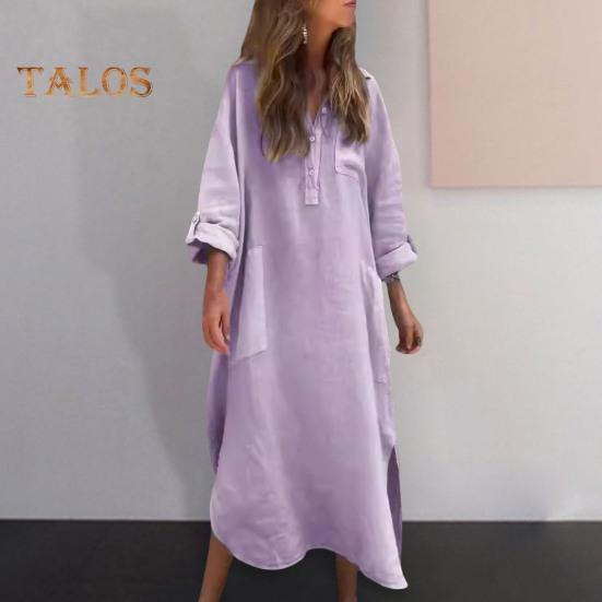 

Осенне-весеннее женское платье с отложным воротником и длинными рукавами. Половинная однобортная рубашка. Свободные боковые карманы с разрезом. Пуловер. Повседневное платье-миди. XL розовый