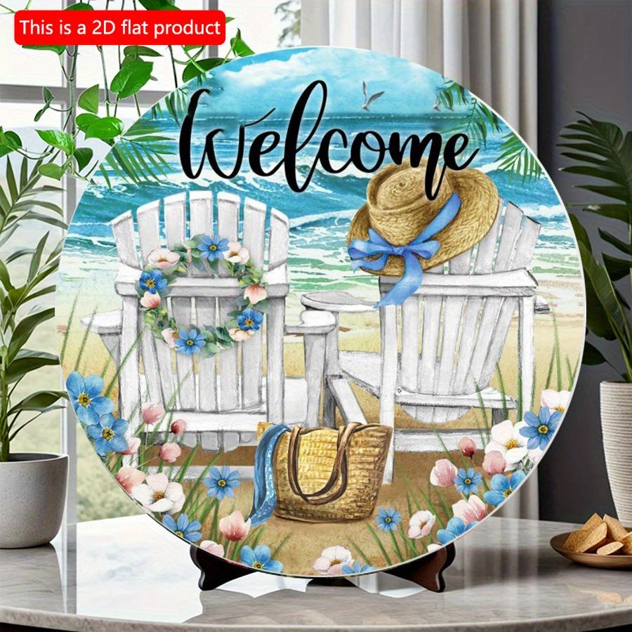 2D Flat 20*20cm1pc Welcome Seaside Vacation Travel Scene Blue wreath&Recliner Patterns Front Door Sign, Summer Door&Pediment&Holiday Hotel&Beach