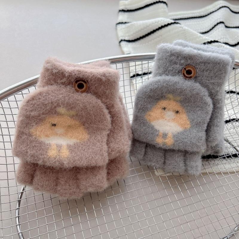 - Jahresalte Kinderhandschuhe 2 Winter Cartoon Baby Kältefest Niedlich Warm Verdickt Fünffinger Klapp-Halbfinger Finger