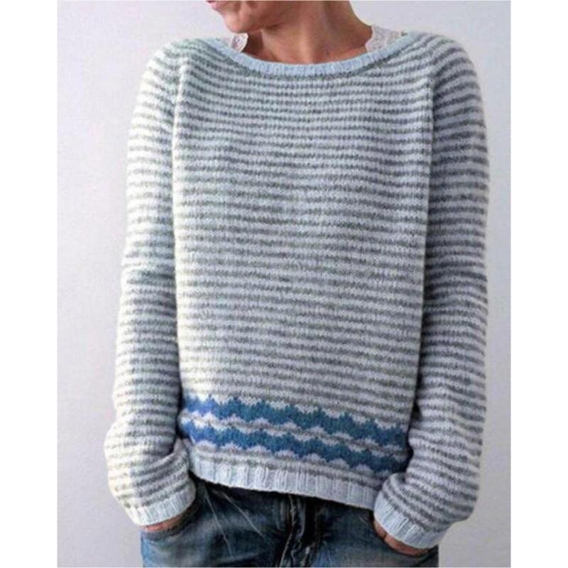 Women's Loose Pullover Knit Sweater Long Sleeve Round Neck Color Blocking Sweater