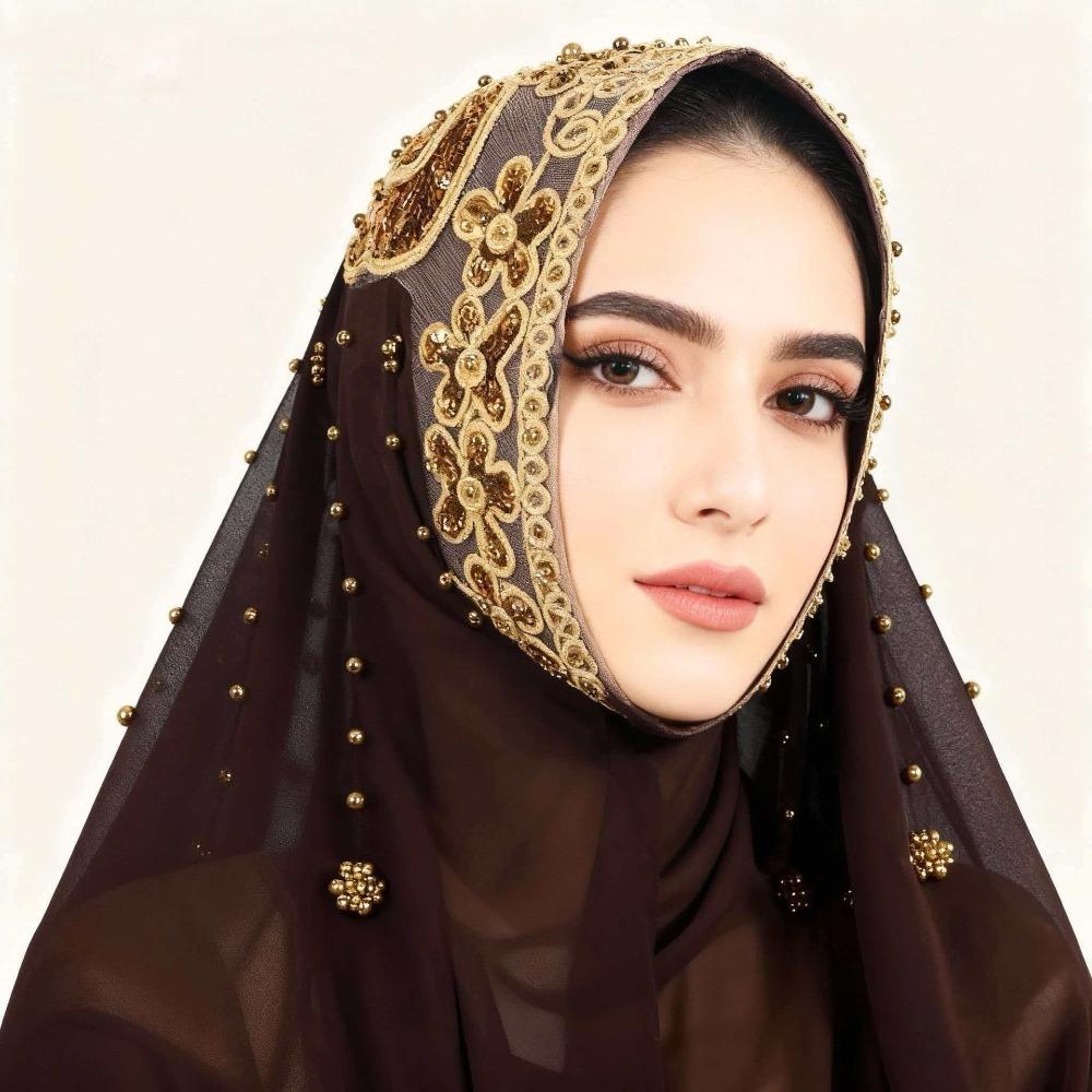 Gold Beads Pearl Chiffon Hijab Scarf Silk Sequin Wraps Shawl Headwraps Islamic Turban  Female
