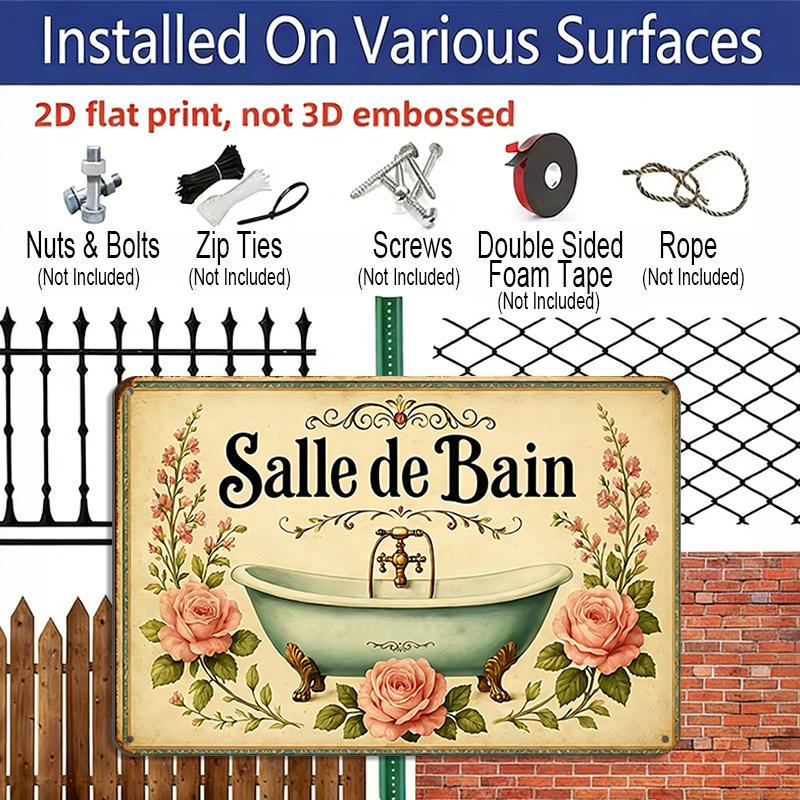 2D Flat Vintage French Bathtub Wall Plaque with Pink Roses & Green Foliage - Bath Sign, Metal Wall Art Suitable for Bathroom or Multi-Room Decor
