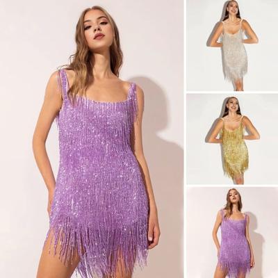 Tassels Short Dress Solid Color Spaghetti Straps Square Neck Sleeveless Backless Solid Color Summer Women Mini Party Dress