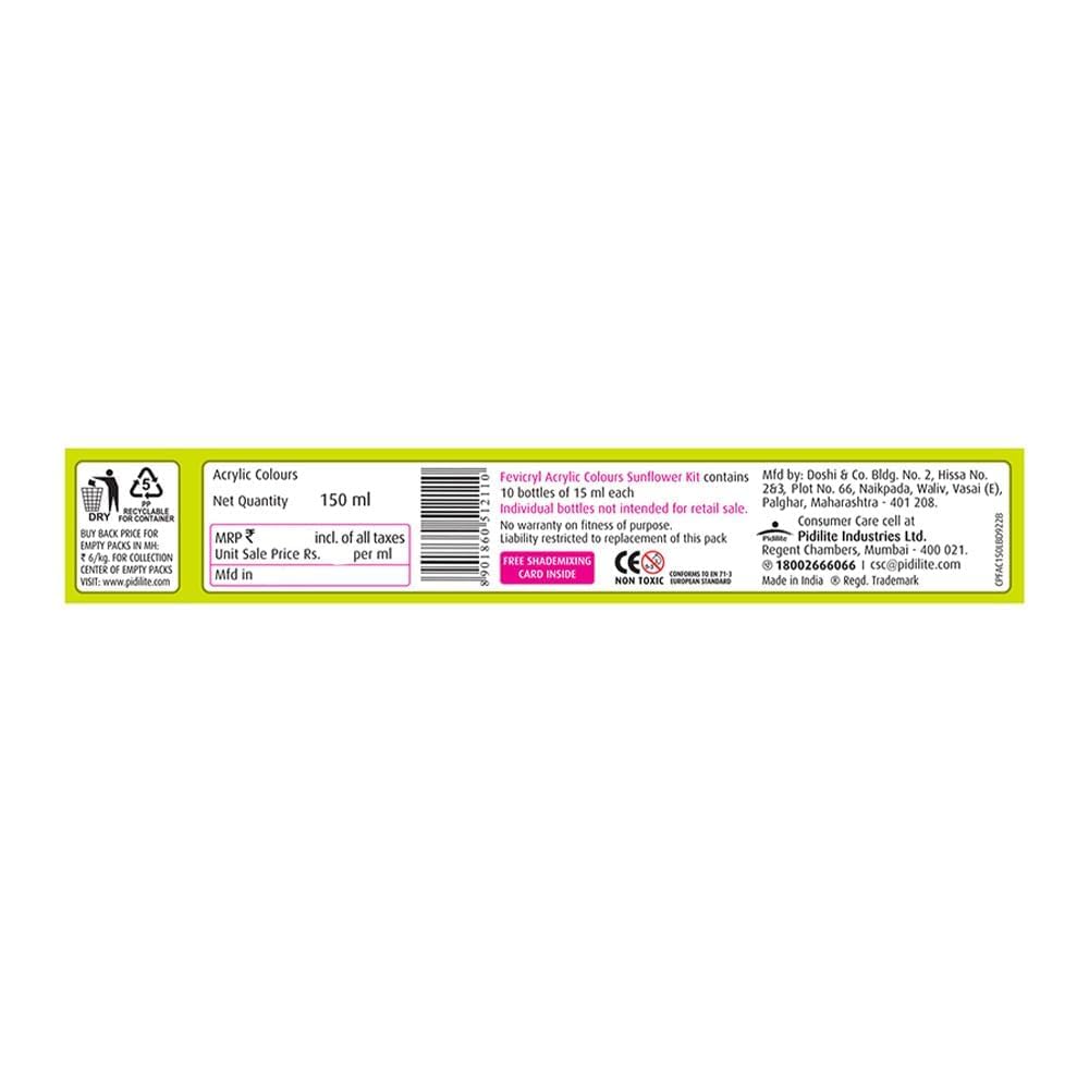 Fevicryl Colori Acrilici Kit Girasole 10 Colori x 15 ml Set Pittura Acrilica Fai da Te per Tela Legno Pelle Metallo Arte
