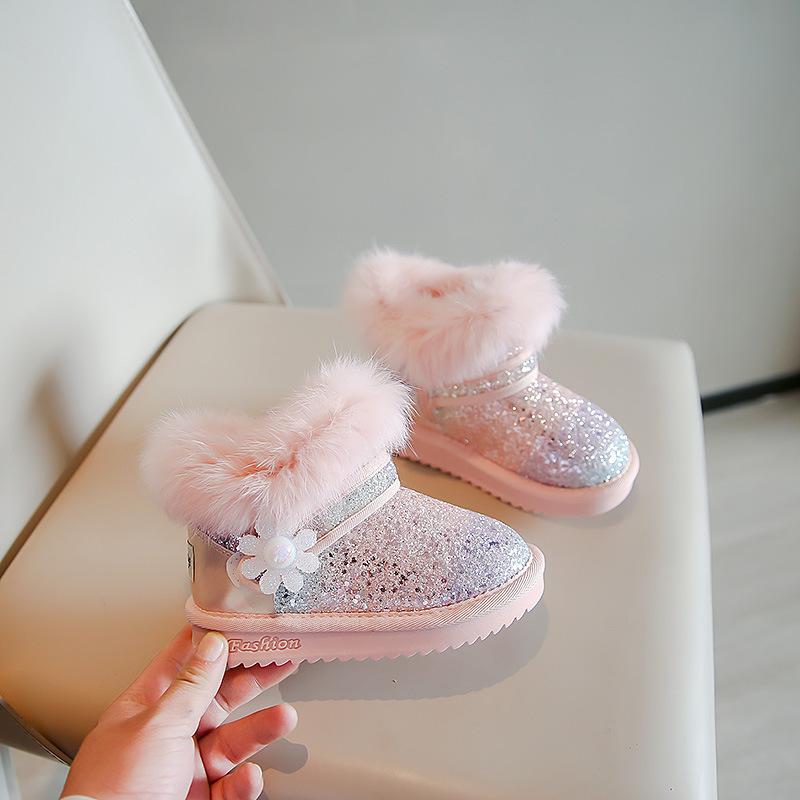 

Девочки зимние сапоги 2025 зима новые детские хлопковые туфли девочки модные с пайетками короткие сапоги на толстой подошве утолщенные хлопковые сапоги тренд 31-36 yards, 6 pairs in one hand розовый