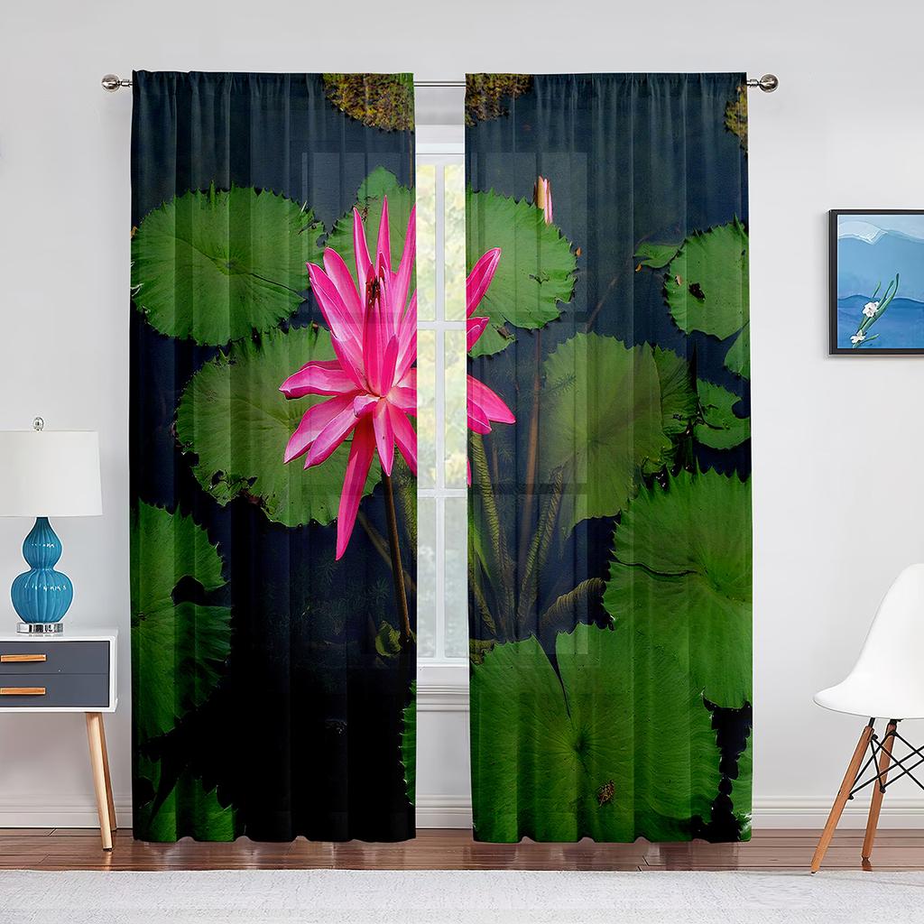 Lotus Flower with Pinkish Petals Water Lily Green Tulle Curtains for Living Room Bedroom Kitchen Chiffon Sheer Curtain Drapes