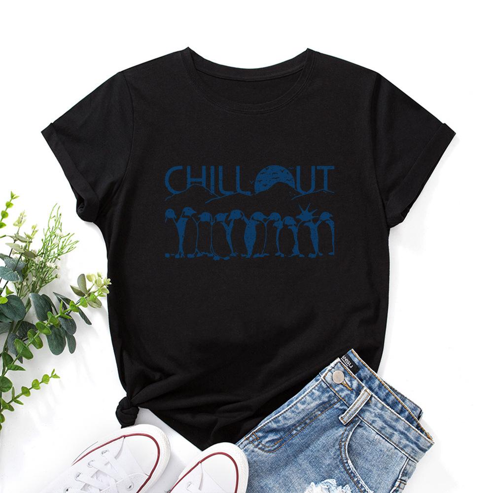 Penguin Cotton T-Shirt Short Sleeve Round Neck Women 2d Print Tops