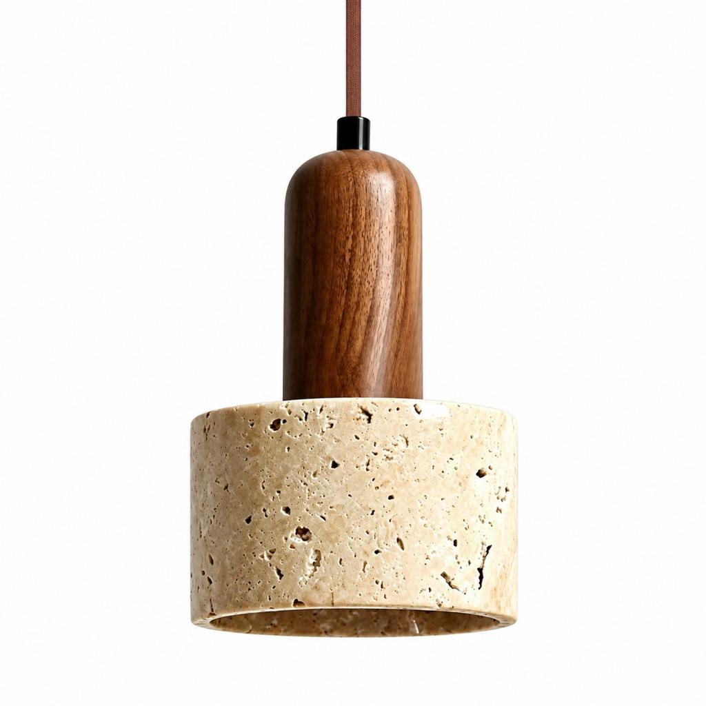 Pendant Lamp with Wooden Top Rustic Minimalism Stone Organic Lighting Fixture for