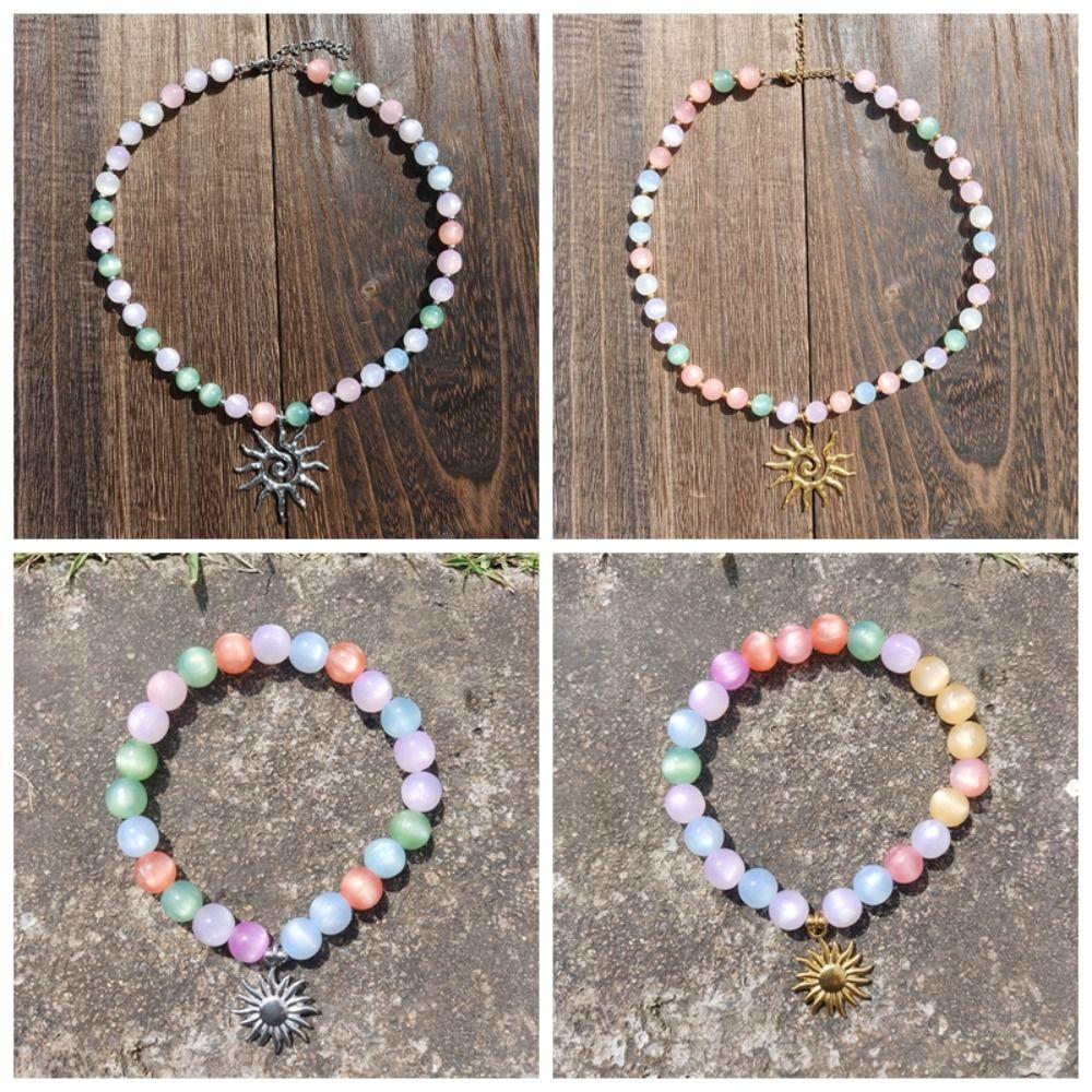 Color Changing Sun Pendant Necklace UV Reactive Gold Plated Beaded Bracelet Set Steel Chain Pastel Colors Cat Eye Choker