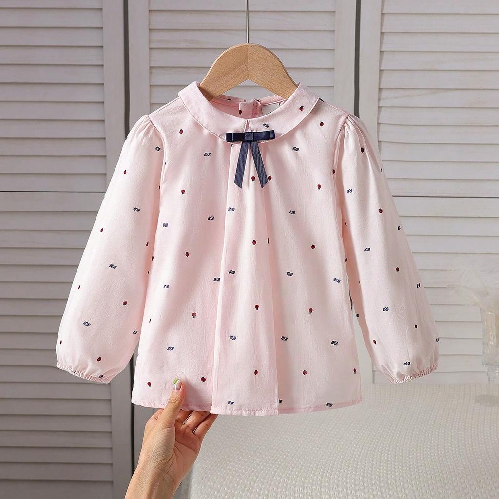 Girls White Shirt 100% Cotton Long Sleeve Top Peter Pan Collar Blouse with Bow Decor Casual School Shirt for Kids 2-8 Years