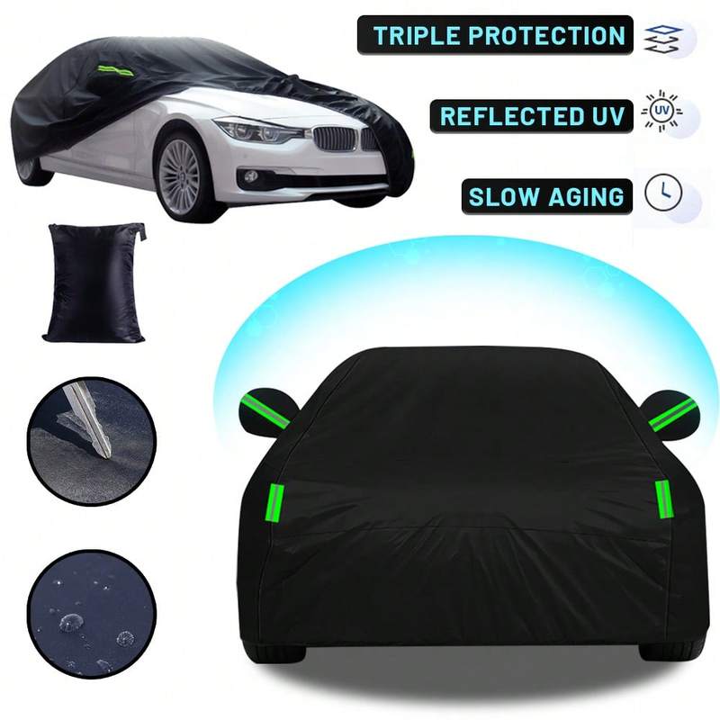 Premium Black 190T Car Cover with Reflective Strips, Dustproof Scratch Resistant Heavy Duty Protector for Sedan Hatchback SUV