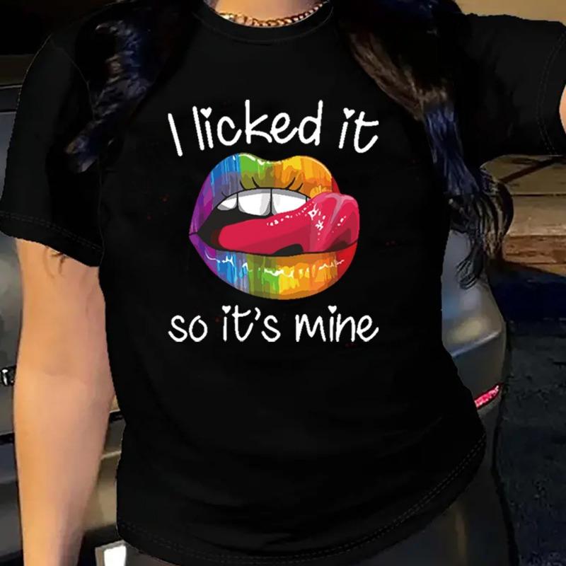 

Women s Lips Letter Printed Loose Round Neck Short Sleeved T-shirt for Women Shirt S чорний