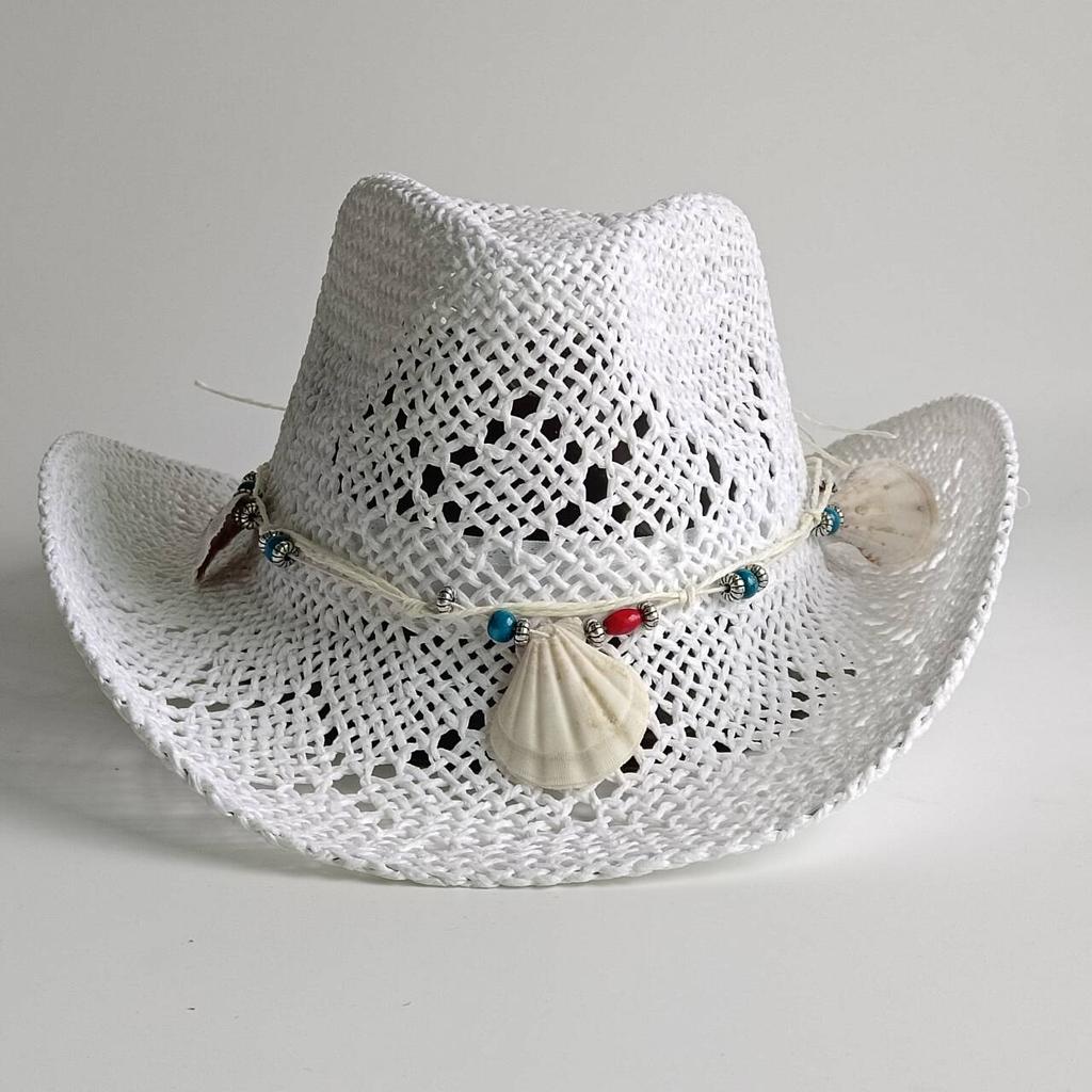 Bright Yellow Cowboy Straw Hats Beach Women Men Shell and Pearl Accessories Out Western Wide Brim Sun Hat Sombrero