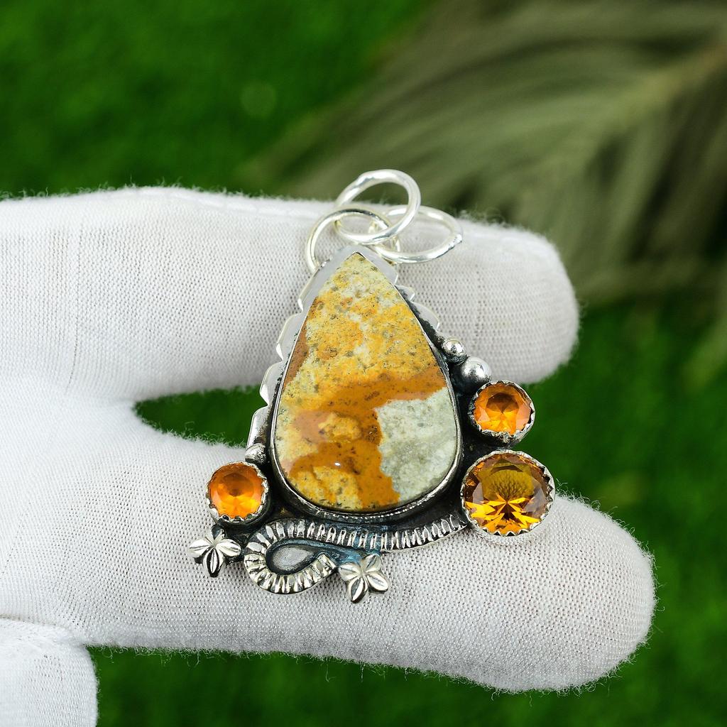 Womens Day Sale 925 Sterling Silver Picture Jasper Stone Citrine Pendant Jewelry
