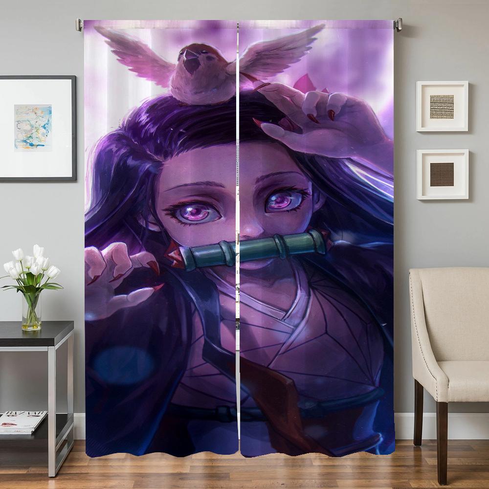 Set Of 2 Window Kitchen Curtains Living Room Door Curtain Demon Slayer Bedroom Decoration Partition Darkening For Area Made Polyester