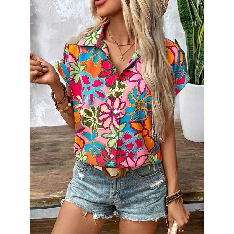 Gufrina Shirt for Women Stylish Western|Shirt Type top|Short Sleeve|Fabric Rayon| Collar Neck |Bright Floral Print|Casua 2XL