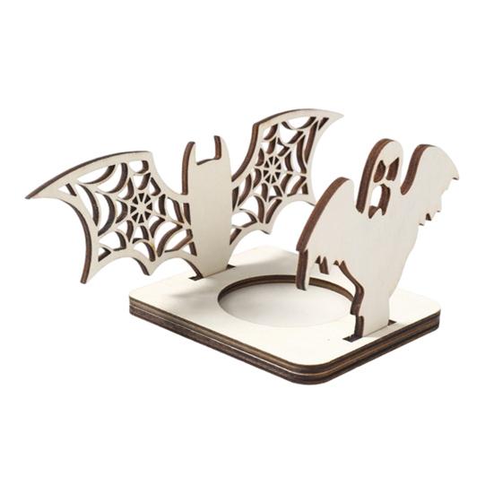 Festival Theme Lighting Halloween Candle Holder, Spooky Pumpkin Bat Shadow Tealight Party Scene Props Vintage Wooden Candlestick Ornament for