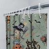 Halloween-Themed Shower Curtain Featuring A Witch Child With Broomstick And Cats Pumpkin Lanterns In Green Print Pattern For Bat