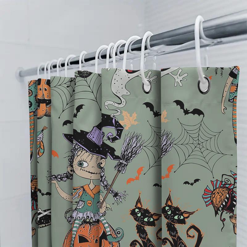 Halloween-Themed Shower Curtain Featuring A Witch Child With Broomstick And Cats Pumpkin Lanterns In Green Print Pattern For Bat