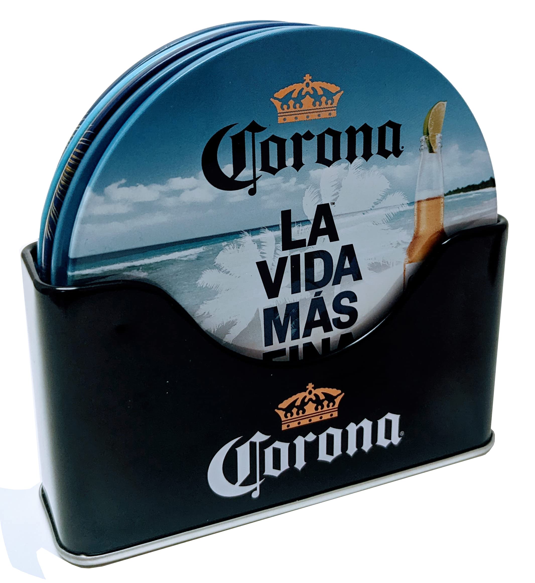 

The Tin Box Company Corona Coasters Set of 6 with Metal Holder Ocean View