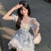 Blue square neck lace edge dress summer design sense heavy industry floral puff dress girls vacation skirt