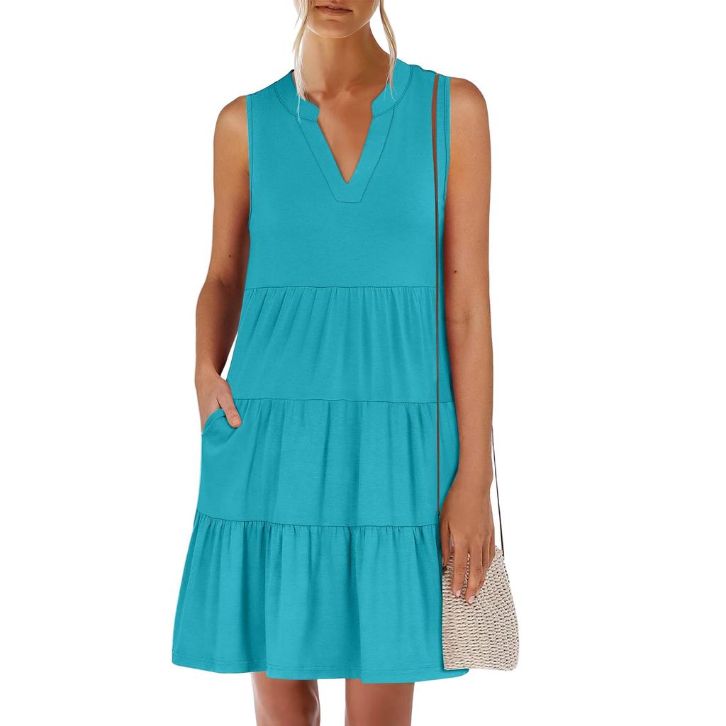 Women's Summer Fashion V-neck Sleeveless Patchwork Solid Color Casual Dresses